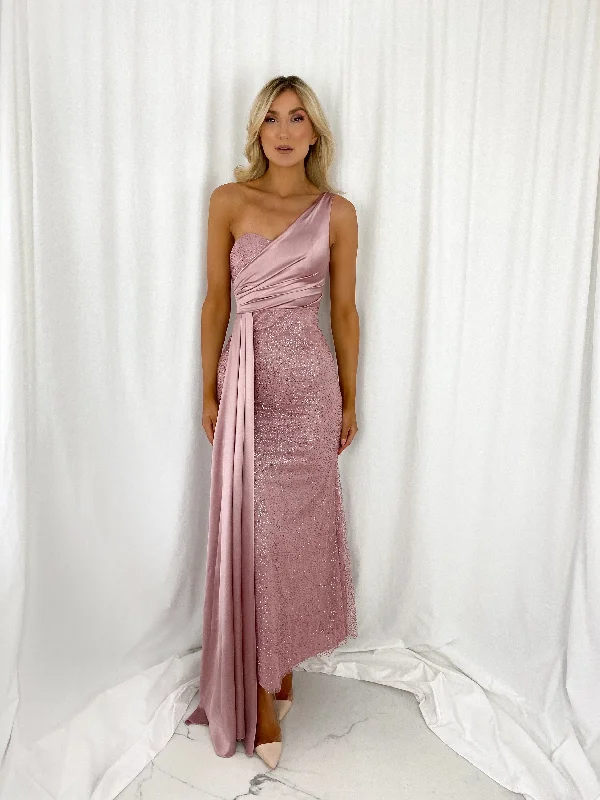 Sleeveless wedding guest dresses with ruffled hemsCeleste One Shoulder Glitter Dress - Old Rose