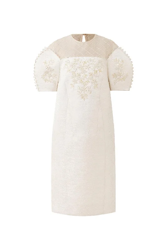 Party dresses with a tiered skirt for a fun and voluminous style​Celestia Cocoon Round Neck Taffeta Below The Knee Dress