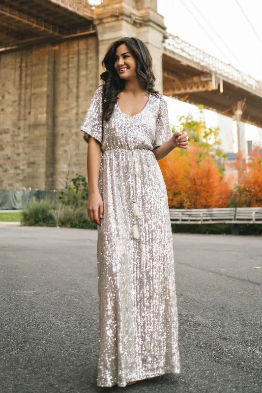 Ruffled - sleeve wedding guest dresses in light blue for a spring weddingCelia Silver Sequin Maxi Dress Ruffled - sleeve wedding guest dresses in light blue for a spring weddingCelia Silver Sequin Maxi Dress