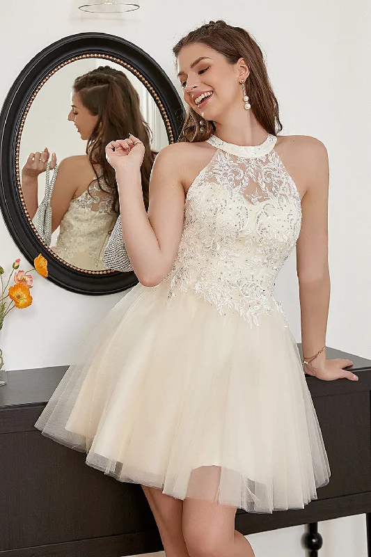 Bow - backed cocktail dresses with a fit - and - flare silhouetteChampagne Beaded Halter Tulle Cute Homecoming Dress