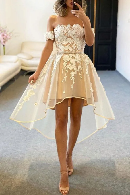 Party dresses with a tiered skirt for a fun and voluminous styleChampagne Tulle Off The Shoulder High Low Homecoming Dresses PD458 Party dresses with a tiered skirt for a fun and voluminous styleChampagne Tulle Off The Shoulder High Low Homecoming Dresses PD458