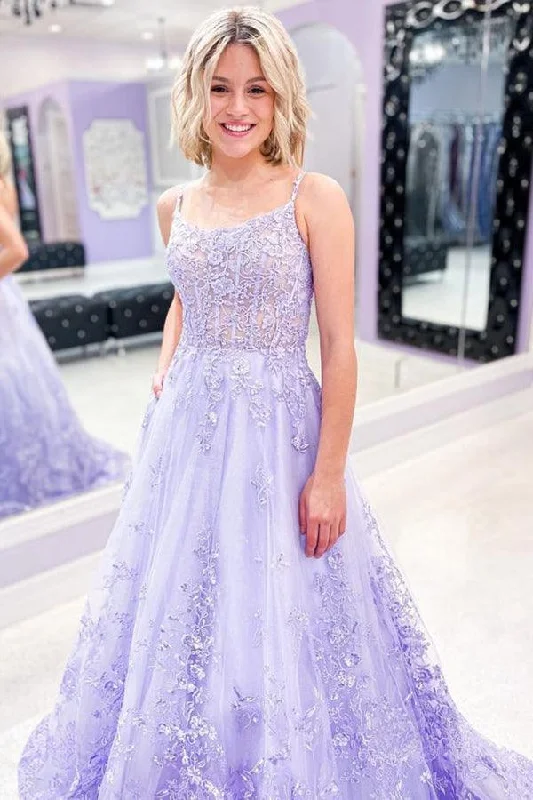 Party dresses with a V - neck design to enhance the neckline​Charming A-line Lace Appliques Spaghetti Straps Lilac Prom Dresses PSK276