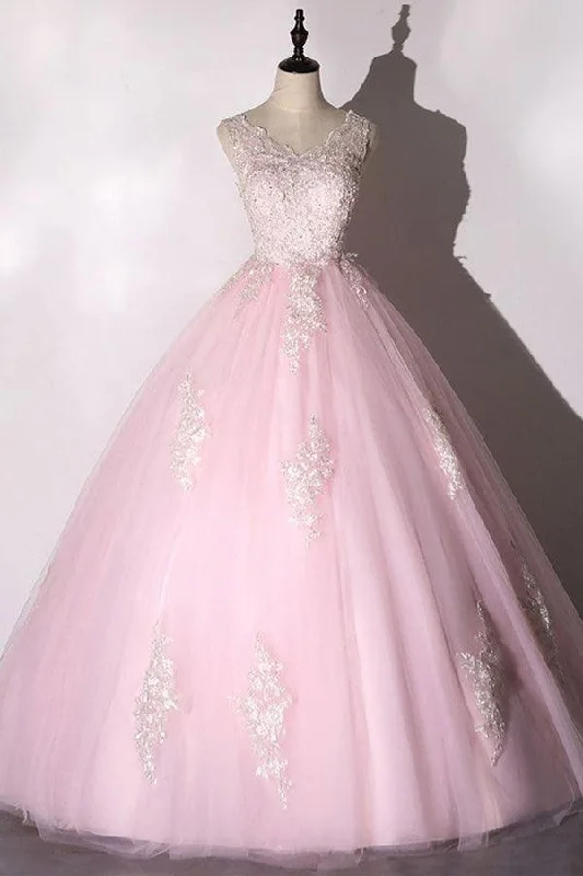 Party dresses with a leatherette material for a tough and stylish appearance​Chic Ball Gown Pink Prom Dress Tulle Applique Evening Dress PSK266