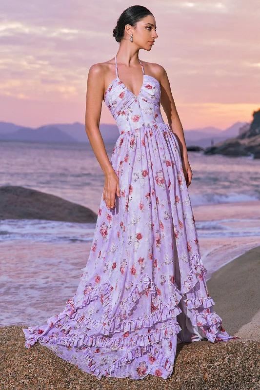 Polka - dot - printed wedding guest dresses with short sleevesChiffon Purple Floral Corset Halter Bridesmaid Dress with Slit