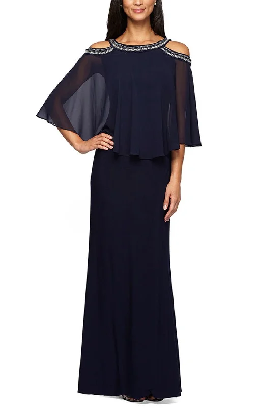 Wedding guest dresses with high - low hems and floral appliquesCold Shoulder Popover Jersey & Chiffon Gown with Beaded Neckline Wedding guest dresses with high - low hems and floral appliquesCold Shoulder Popover Jersey & Chiffon Gown with Beaded Neckline
