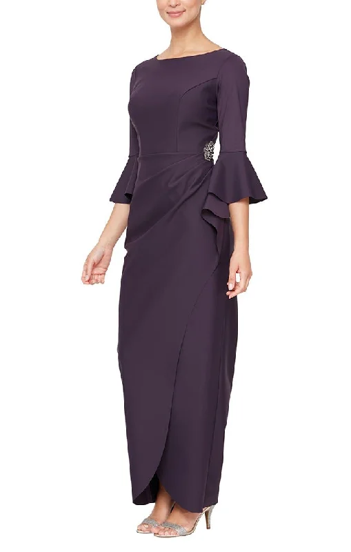 Velvet - trimmed wedding guest dresses in burgundy for a formal eventCompression Collection Long Sheath Dress with Bell Sleeves, a Cascade Ruffle Tulip Hem Skirt & Embellishment Detail at Hip Velvet - trimmed wedding guest dresses in burgundy for a formal eventCompression Collection Long Sheath Dress with Bell Sleeves, a Cascade Ruffle Tulip Hem Skirt & Embellishment Detail at Hip