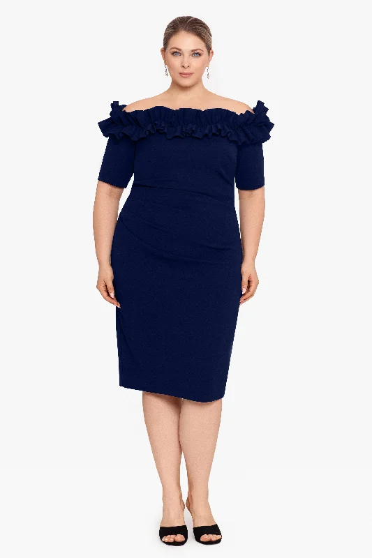 A - line cocktail dresses with floral embroidery for spring partiesPlus "Brynleigh" Short Scuba Crepe Ruffle Top Dress