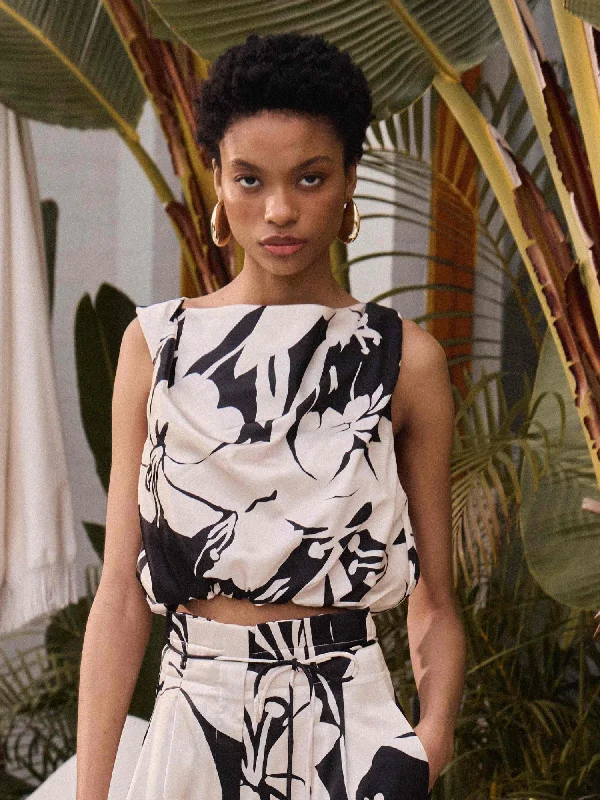 Wedding guest dresses with cold - shoulder ruffled sleeves and knee - length hemsCOSMO FLORAL TOP