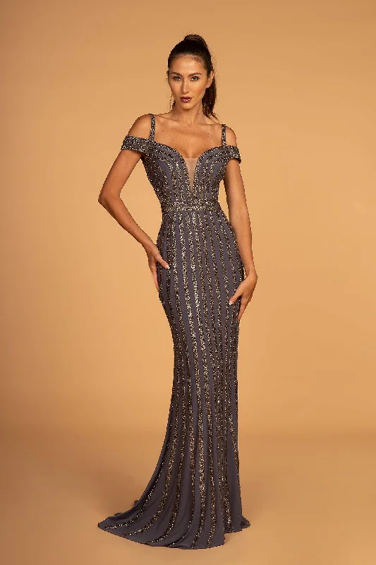 Bodycon dress for a date night​Cut-Away Shoulder Glitter Tulle Mermaid Long Dress