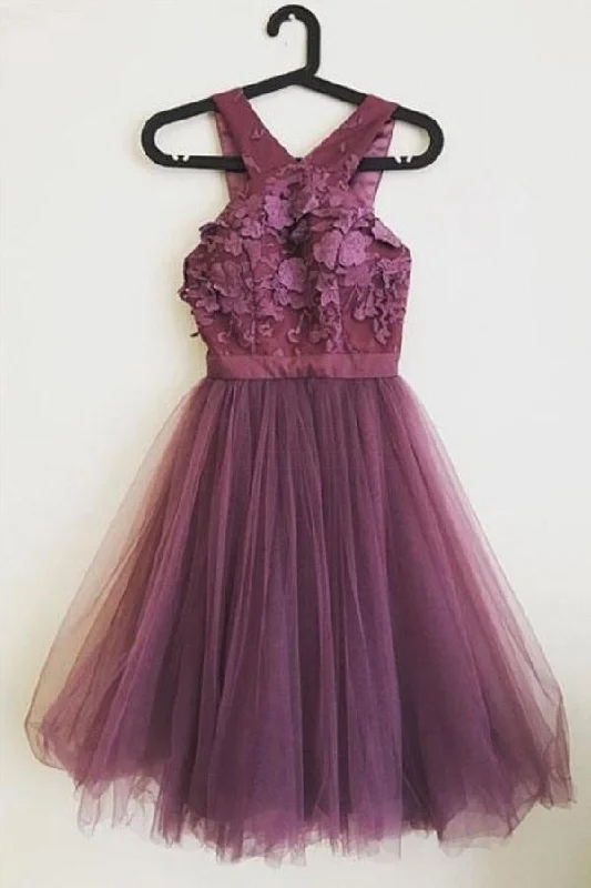 Party dresses with a V - neck design to enhance the necklineCute A-line Applique Tulle Purple Homecoming Dresses PD300 Party dresses with a V - neck design to enhance the necklineCute A-line Applique Tulle Purple Homecoming Dresses PD300