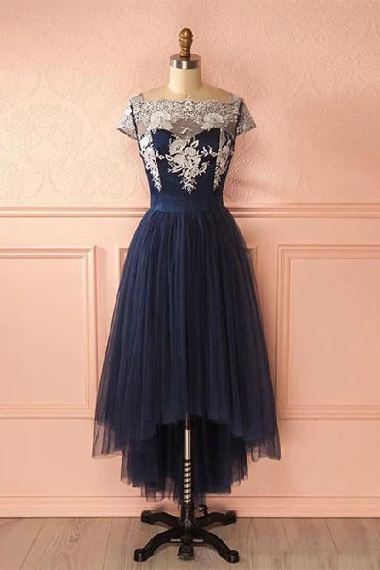 A - line party dresses with a floral print for spring eventsCute Dark Blue Tulle Lace High Low Prom Dress Evening Dresses PG421 A - line party dresses with a floral print for spring eventsCute Dark Blue Tulle Lace High Low Prom Dress Evening Dresses PG421