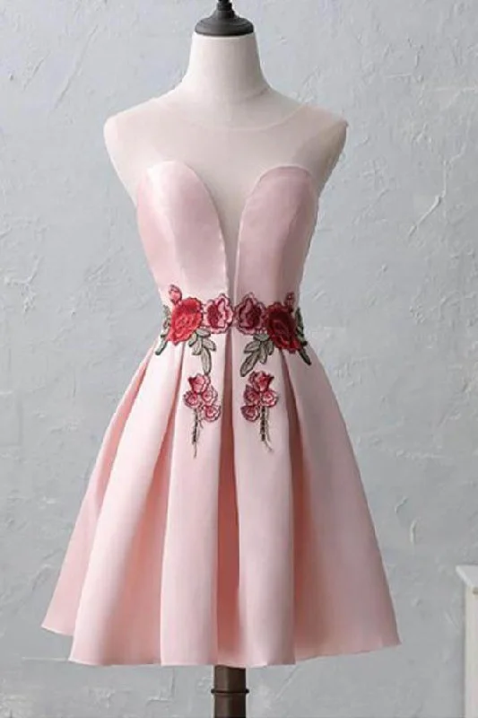 Fairy - themed party dresses with wings and glitter for a magical look​Cute Illusion Scoop Pink Short Homecoming Dresses PD217