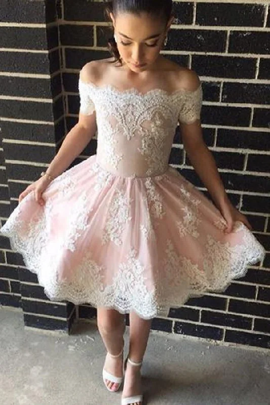 Tulle party dresses with a fairy - tale charm for formal occasionsCute Off The Shoulder A-line Short Pink Lace Homecoming Dress PG143 Tulle party dresses with a fairy - tale charm for formal occasionsCute Off The Shoulder A-line Short Pink Lace Homecoming Dress PG143
