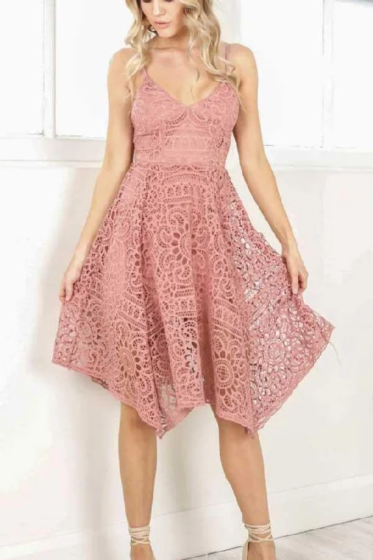 Long - length party dresses with a high - low hem for a trendy style​Cute Straps Short Pink Lace Homecoming Dress Party Dress PD205