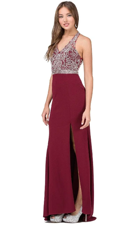 Strapless wedding guest dresses with rhinestone - studded bodicesDancing Queen 2242 - Racer Back Embellished Prom Gown