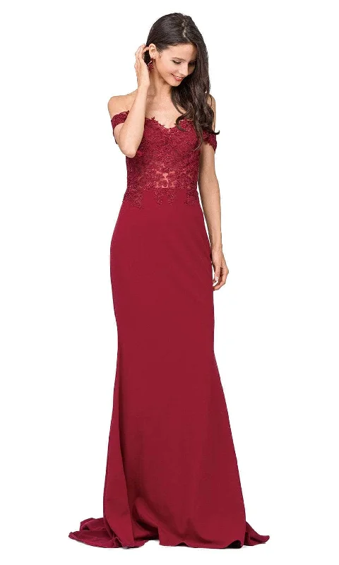 Wedding guest dresses with ruched bodices and spaghetti strapsDancing Queen 2274 - Embroidered Off Shoulder Prom Gown