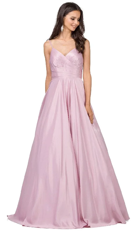 Tea - length wedding guest dresses with polka dot patternsDancing Queen 2339 - Surplice V-Neck Satin Prom Gown
