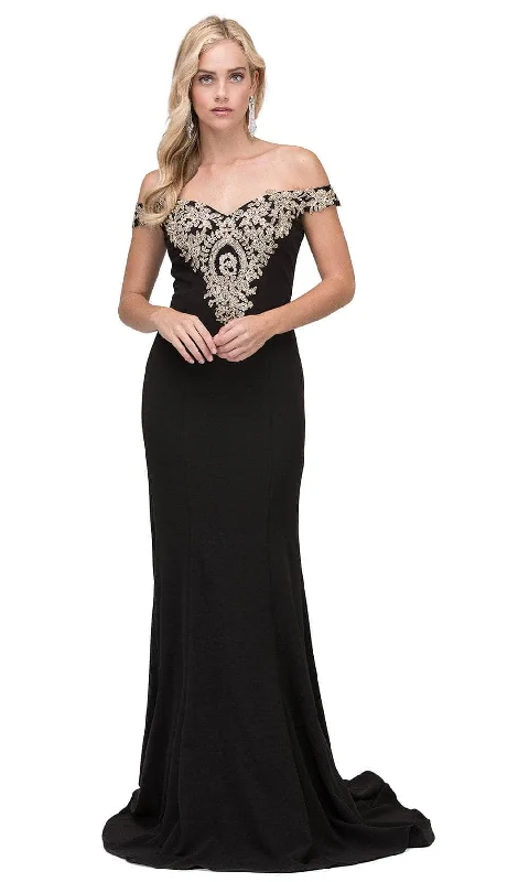 Cotton wedding guest dresses with smocked details for a casual weddingDancing Queen 2414 - Applique Off Shoulder Long Gown