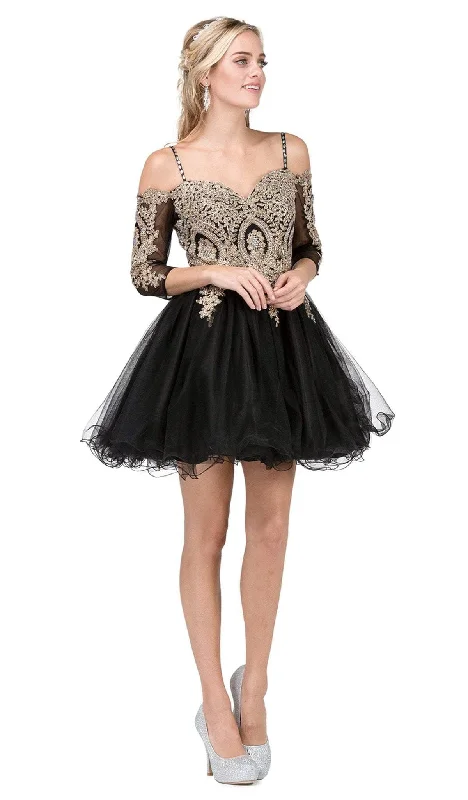 Cocktail dresses with a patchwork pattern and a mid - thigh lengthDancing Queen - 3001 Cold Shoulder Gold Lace Applique Cocktail Dress