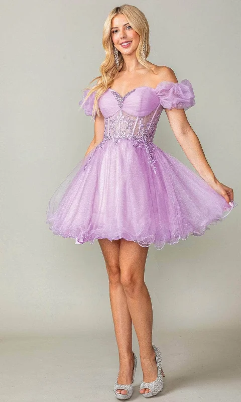 Ruffled - sleeve wedding guest dresses in light blue for a spring weddingDancing Queen 3379 - Puff Sleeve Tulle Cocktail Dress