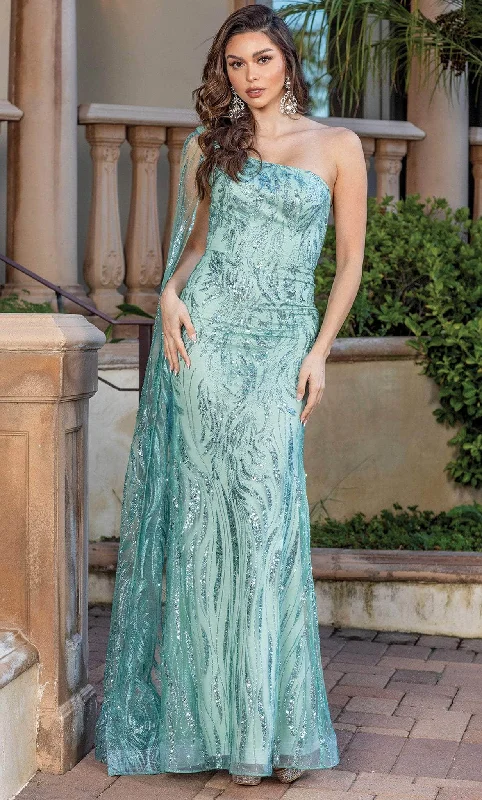 Wedding guest dresses with cold - shoulder ruffled sleeves and knee - length hemsDancing Queen 4350 - Asymmetrical Neck Sequined Gown