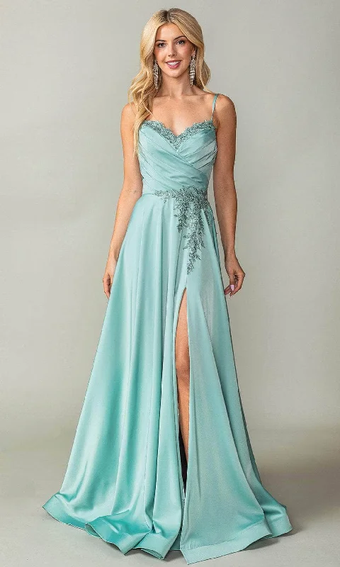 Wedding guest dresses with high - low hems and floral appliquesDancing Queen 4391 - Applique Peekaboo Prom Dress