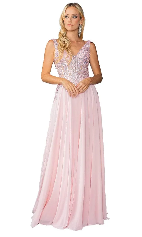 Wedding guest dresses with tiered skirts for a feminine lookDancing Queen 4446 - Embellished Low V-Back Prom Gown