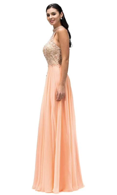One - shoulder wedding guest dresses with beaded detailsDancing Queen 9293 - Illusion High Halter Prom Gown