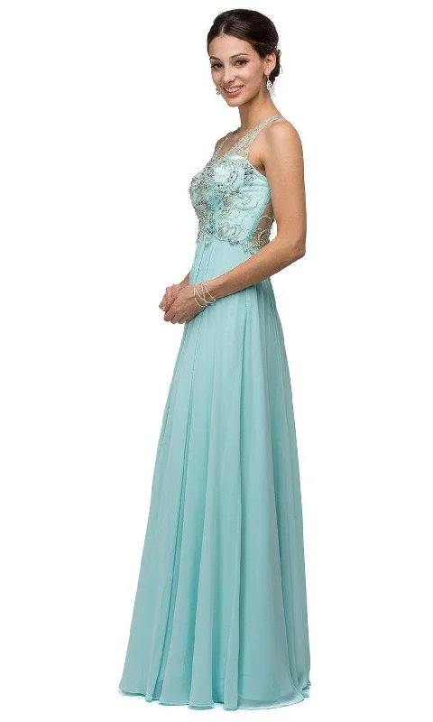 Sheer wedding guest dresses with lace inserts and long sleevesDancing Queen 9603 - Adorned Illusion Long Dress