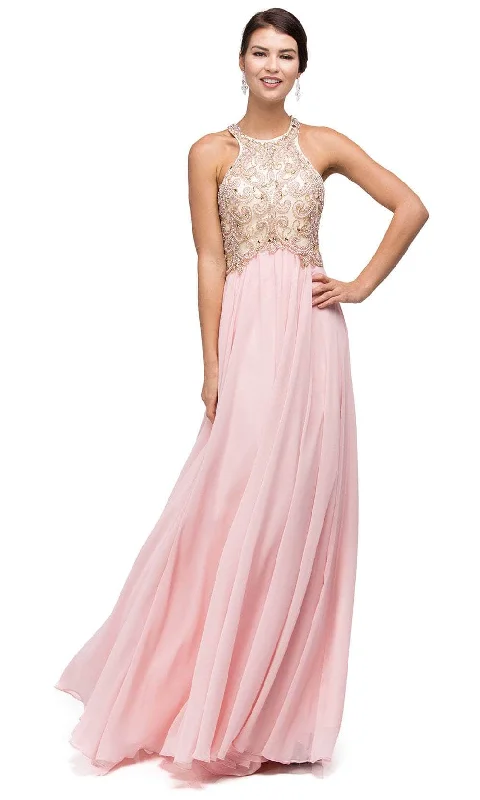 Maxi wedding guest dresses with floral prints for summer weddingsDancing Queen 9776 - Illusion Racer Back A-Line Prom Gown
