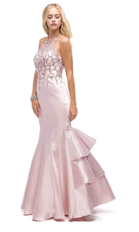 Long - sleeved wedding guest dresses in velvet for a winter weddingDancing Queen 9910 - Halter Ruffled Mermaid Prom Gown