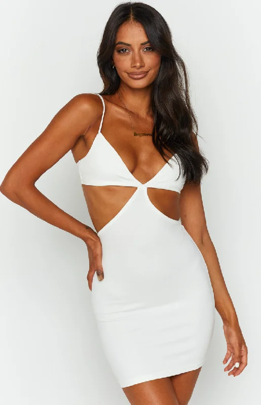 Cocktail dresses with a ruched bodice and spaghetti strapsDanielle White Cut Out Mini Dress