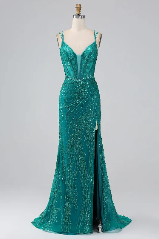 Cocktail dresses with a pom - pom trim and a short - sleeved styleDark Green Sparkly Mermaid Spaghetti Straps Corset Prom Dress With Slit