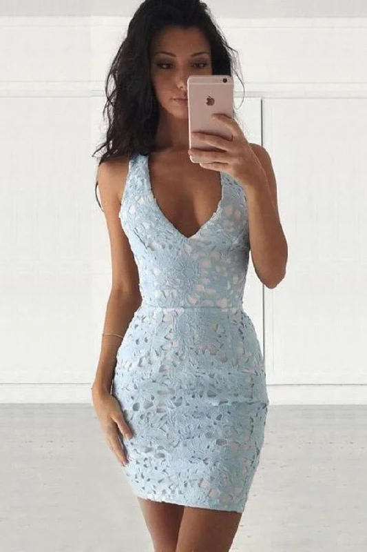 Party dresses with a bow detail for a cute and charming touchDeep V-Neck Sleevelss Short Light Blue Lace Homecoming Dress PD294 Party dresses with a bow detail for a cute and charming touchDeep V-Neck Sleevelss Short Light Blue Lace Homecoming Dress PD294