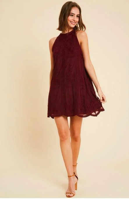 A - line cocktail wedding guest dresses in pastel colorsDonna Burgundy Lace Halter Swing Dress A - line cocktail wedding guest dresses in pastel colorsDonna Burgundy Lace Halter Swing Dress