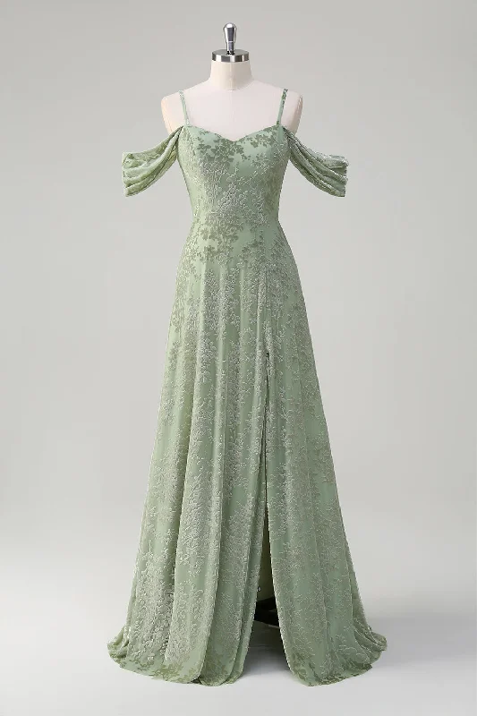 Wedding guest dresses with ruched bodices and spaghetti strapsDusty Sage A-Line Cold Shoulder Jacquard Long Bridesmaid Dress with Slit Wedding guest dresses with ruched bodices and spaghetti strapsDusty Sage A-Line Cold Shoulder Jacquard Long Bridesmaid Dress with Slit