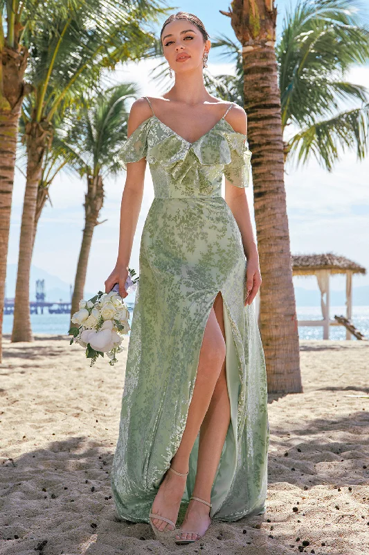 Wedding guest dresses with cut - out details and midi lengthsDusty Sage Cold Shoulder Velvet Printed Bridesmaid Dress with Slit