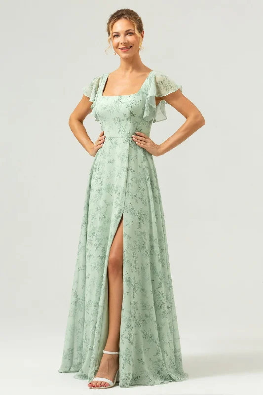 Sequined wedding guest dresses for an evening weddingDusty Sage Square Neck Printed Flower Long Bridesmaid Dress with Slit Sequined wedding guest dresses for an evening weddingDusty Sage Square Neck Printed Flower Long Bridesmaid Dress with Slit