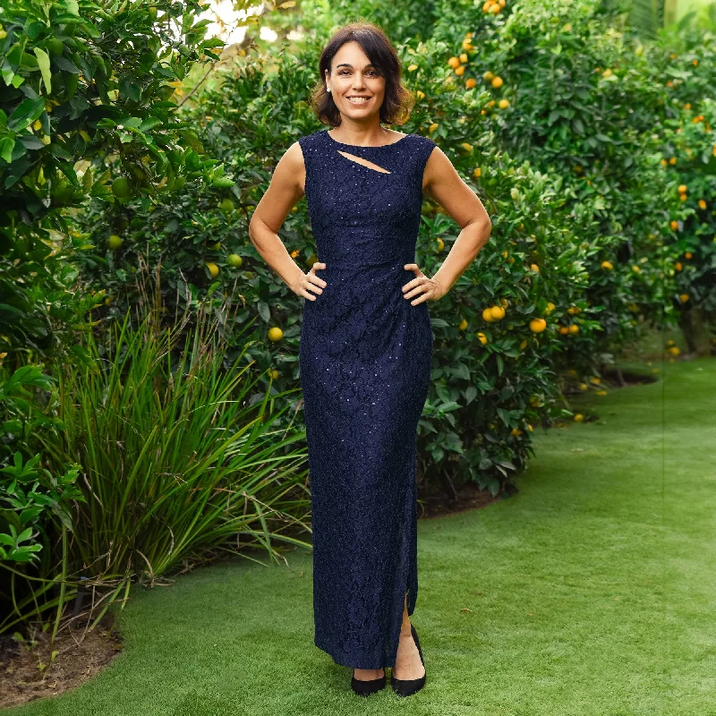Wedding guest dresses with button - down fronts and A - line silhouettesElizabeth Navy Sequin Lace Floor Length Dress Wedding guest dresses with button - down fronts and A - line silhouettesElizabeth Navy Sequin Lace Floor Length Dress