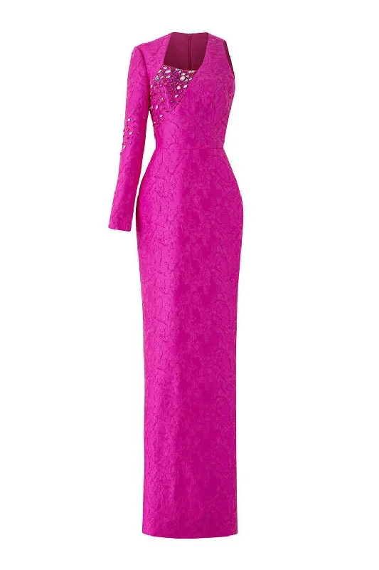 Party dresses with a paisley pattern for a bohemian - inspired lookElysian Sheath Asymmetric Sleeved Jacquard Floor Length Dress Party dresses with a paisley pattern for a bohemian - inspired lookElysian Sheath Asymmetric Sleeved Jacquard Floor Length Dress