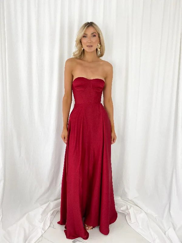 Lace - trimmed wedding guest dresses in blush pinkEmma Off The Shoulder Corset Dress - Red
