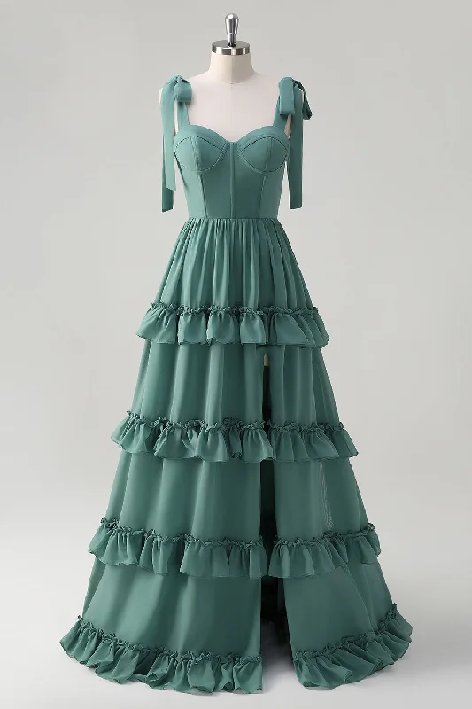 Wedding guest dresses with tiered skirts for a feminine lookEucalyptus A-Line Bow Tie Straps Corset Ruffles Chiffon Long Bridesmaid Dress with Slit Wedding guest dresses with tiered skirts for a feminine lookEucalyptus A-Line Bow Tie Straps Corset Ruffles Chiffon Long Bridesmaid Dress with Slit
