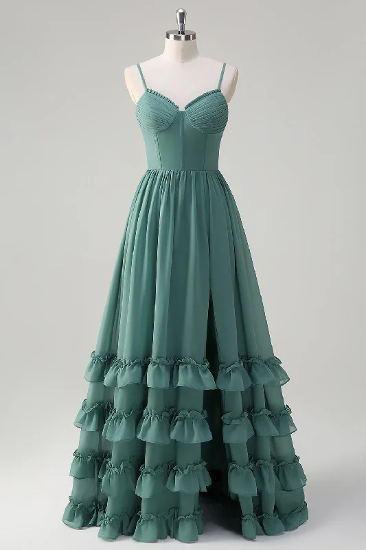 Sequined wedding guest dresses for an evening weddingEucalyptus A-Line Corset Ruffled Chiffon Long Bridesmaid Dress with Slit Sequined wedding guest dresses for an evening weddingEucalyptus A-Line Corset Ruffled Chiffon Long Bridesmaid Dress with Slit