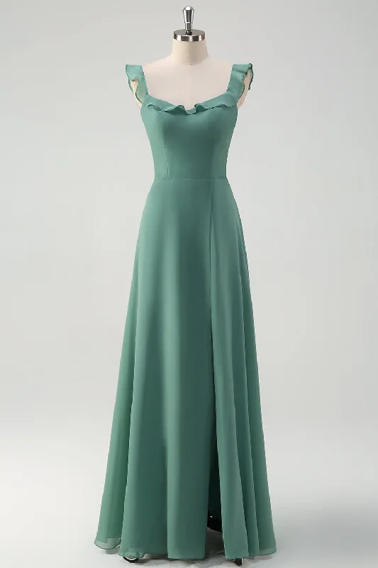 Bow - backed wedding guest dresses in silk for a luxurious feelEucalyptus Chiffon A Line Spaghetti Straps Long Bridesmaid Dress with Slit