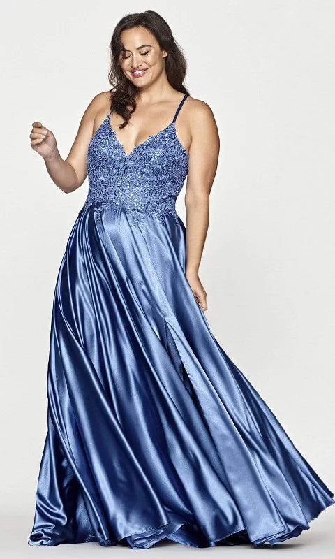 Midi wedding guest dresses in navy blue for a formal affairFaviana - 9498 Spaghetti Strap A-Line Gown