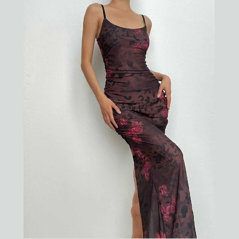 Ribbed - texture cocktail dresses with a cap - sleeve designBerryBetty - Flower print u neck contrast ruched slit backless cami maxi dress