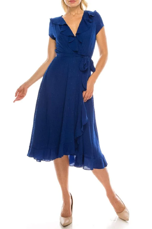 Mini cocktail dresses with a tiered ruffled skirt and a scoop neckGabby Skye - 56839MG Short Sleeve Metallic Pinstriped Faux Wrap Dress