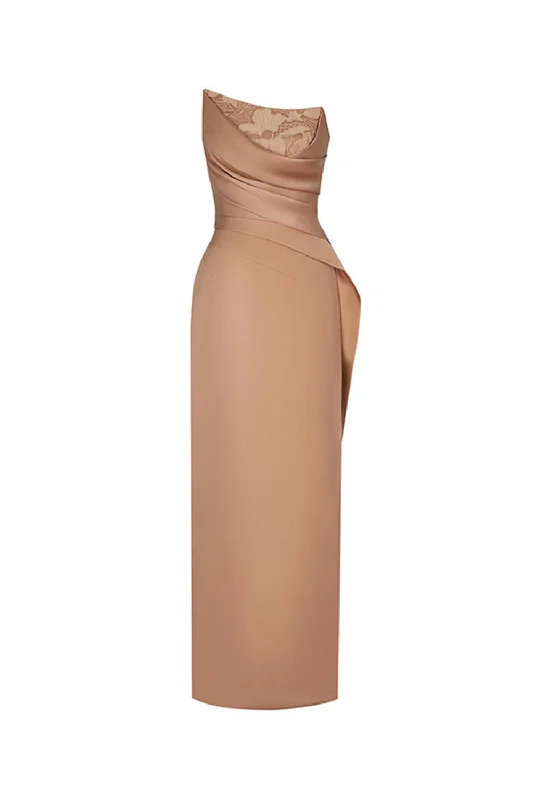 Retro - style party dresses inspired by the 1920s - 1980s​Gisèle Strapless Slit Hem Polyester Silk Floor Length Dress