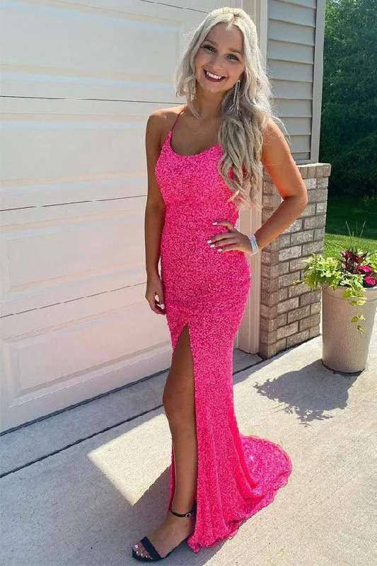 Party dresses with a satin - lined interior for added comfort​Glitters Hot Pink Mermaid Long Prom Evening Dress with Slit  PSK278
