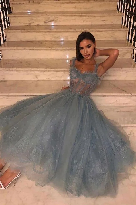 Party dresses with a bow detail for a cute and charming touchGray Blue Tulle Lace Tea Length Prom Dress Tulle Lace Homecoming Dress PD444 Party dresses with a bow detail for a cute and charming touchGray Blue Tulle Lace Tea Length Prom Dress Tulle Lace Homecoming Dress PD444